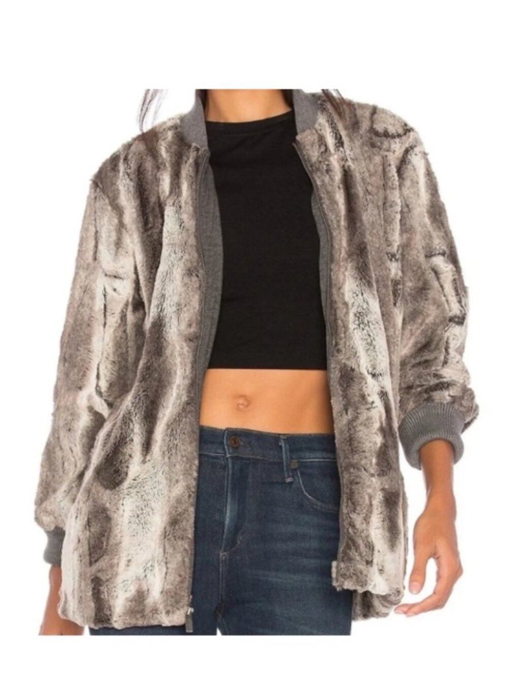 Like New! SPLENDID Faux-Fur Bomber Jacket Ribbed Cuffs Gray Size M